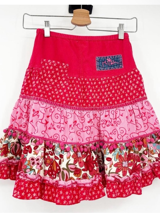 Mish Other - Mish Girls Cottagecore Mixed Media Corduroy Tiered Floral Pom Midi Skirt Size M‎